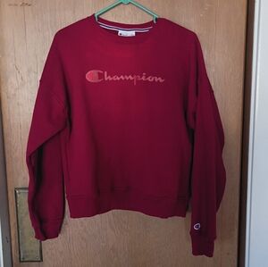 Champion Red Fleece Crew Neck Pullover Sweatshirt Women's M Logo Long Sleeve